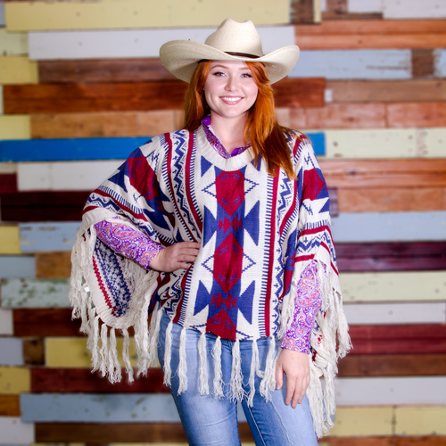 Ladies Poncho - White/Red/Blue Print - Poncho-01