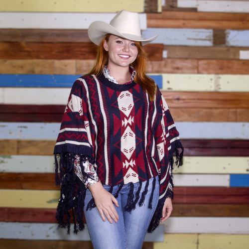 Ladies Poncho - Navy/White/Red Print - Poncho-02