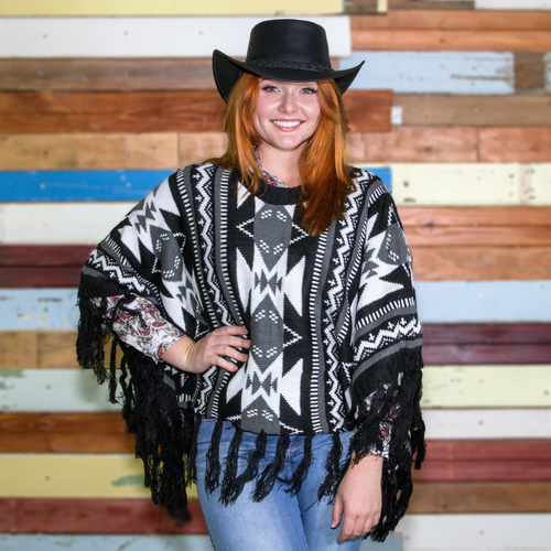 Ladies Poncho - Black/White Print - Poncho-3