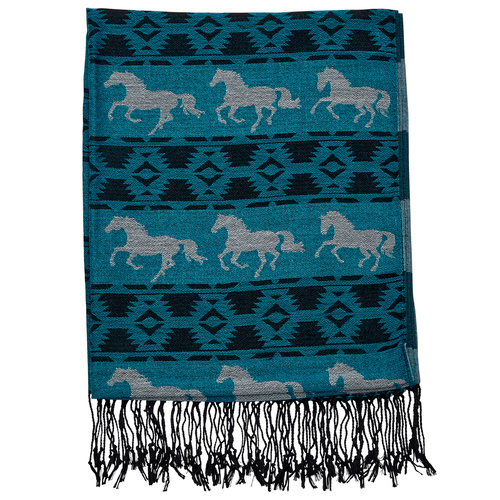 Ladies Scarf - Turquoise with White Horses - Scarf-08TQ