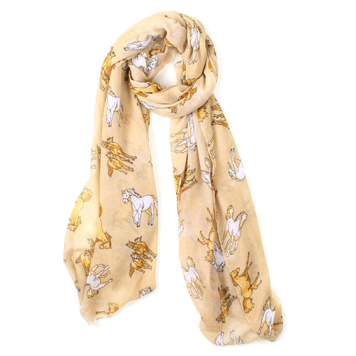 Ladies Scarf - Beige with Tan/White Horses - Scarf-16