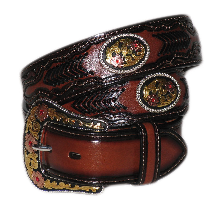 Belt - Western -  Leather - Embossed With Floral Concho - [Code 318]