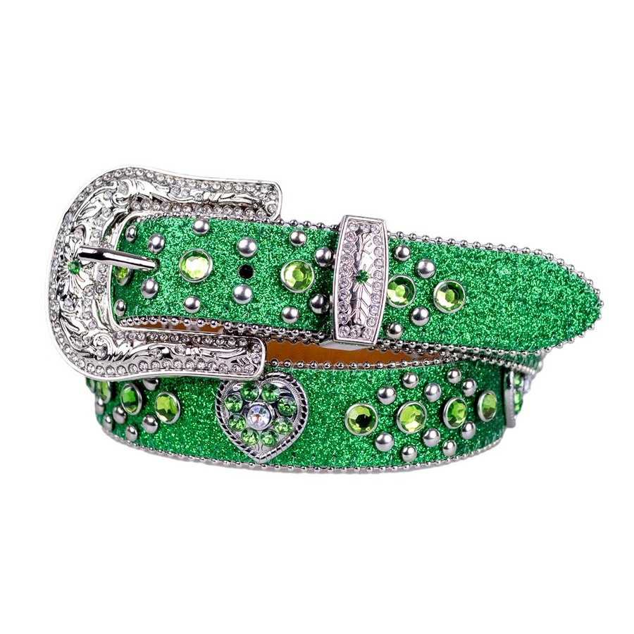 Belt - Western - Girls Green Sparkling with Heart Concho- [Code 405]