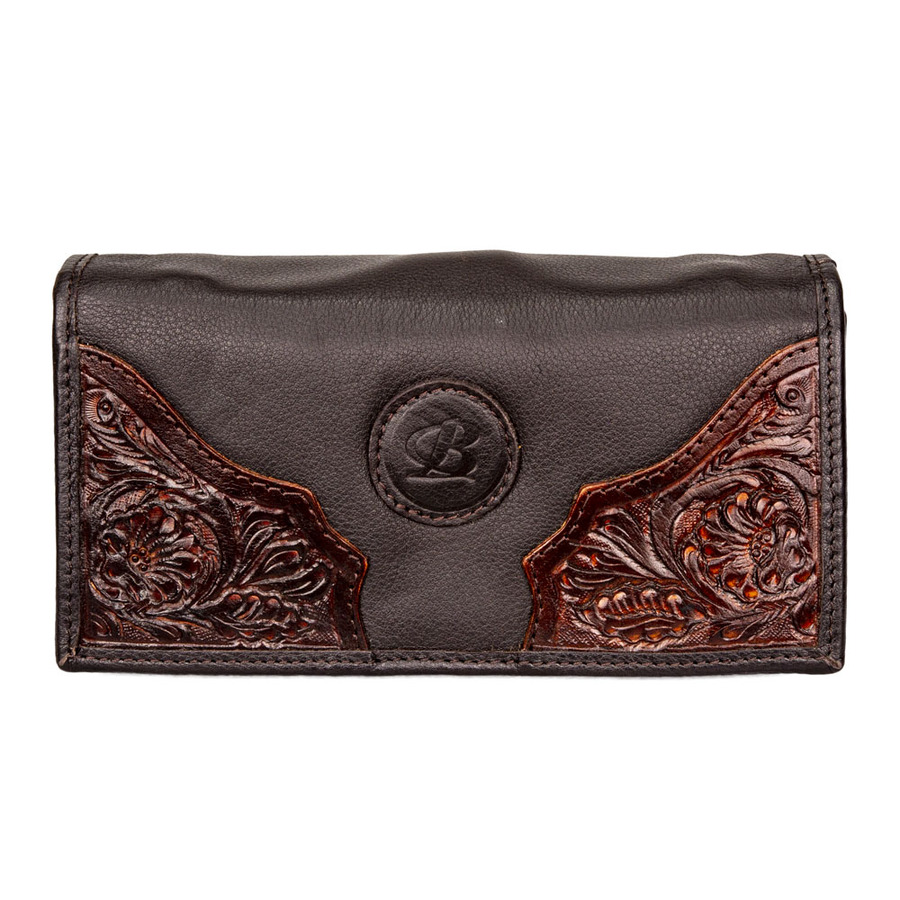 Ladies Purse - Brown Leather Clutch with Tooled Leather Facing - [5036] 