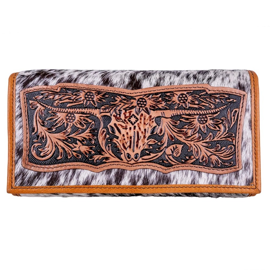 Brown/White Cowhide Hair-On Leather Clutch - Longhorn Tooled -  [5037]