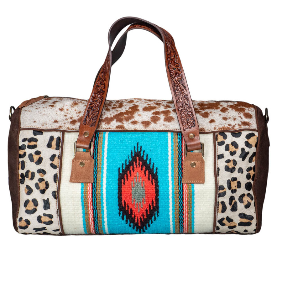 Brown/White Cowhide Hair- Aztec & Leopard Print Duffle Bag - [Code 5039-D]