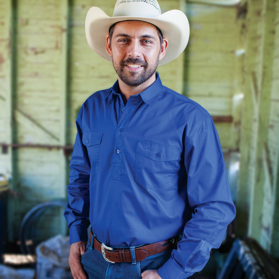 Mens Half Placket Cotton Work Shirt-8002-N-Royal