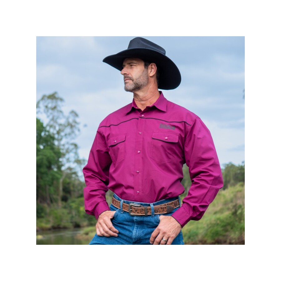 Mens Cotton Shirts - Wine with Longhorn Logo - [Code 8016C]