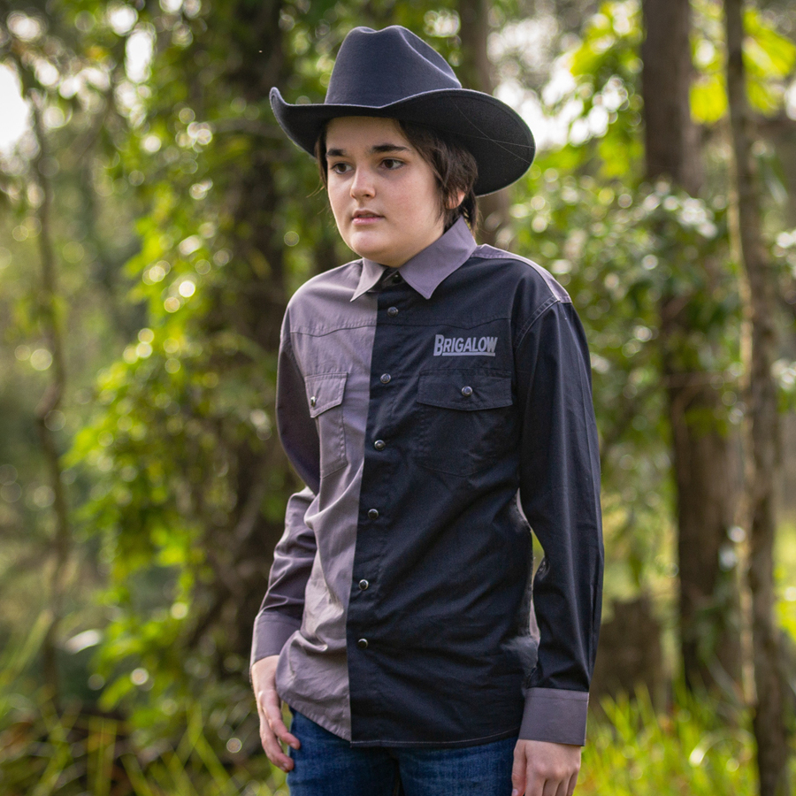 Boys Two Tone Cotton Shirt - Grey/Black with Longhorn Logo - [Code 8158-B]