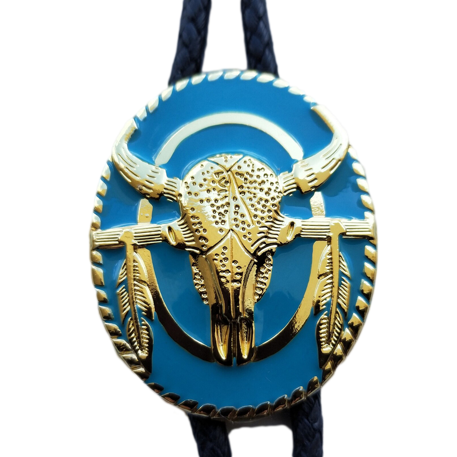 Bolo Tie - Steer Skull with Feathers - Gold on Turquoise Enamel - [Bolo-03TQ]