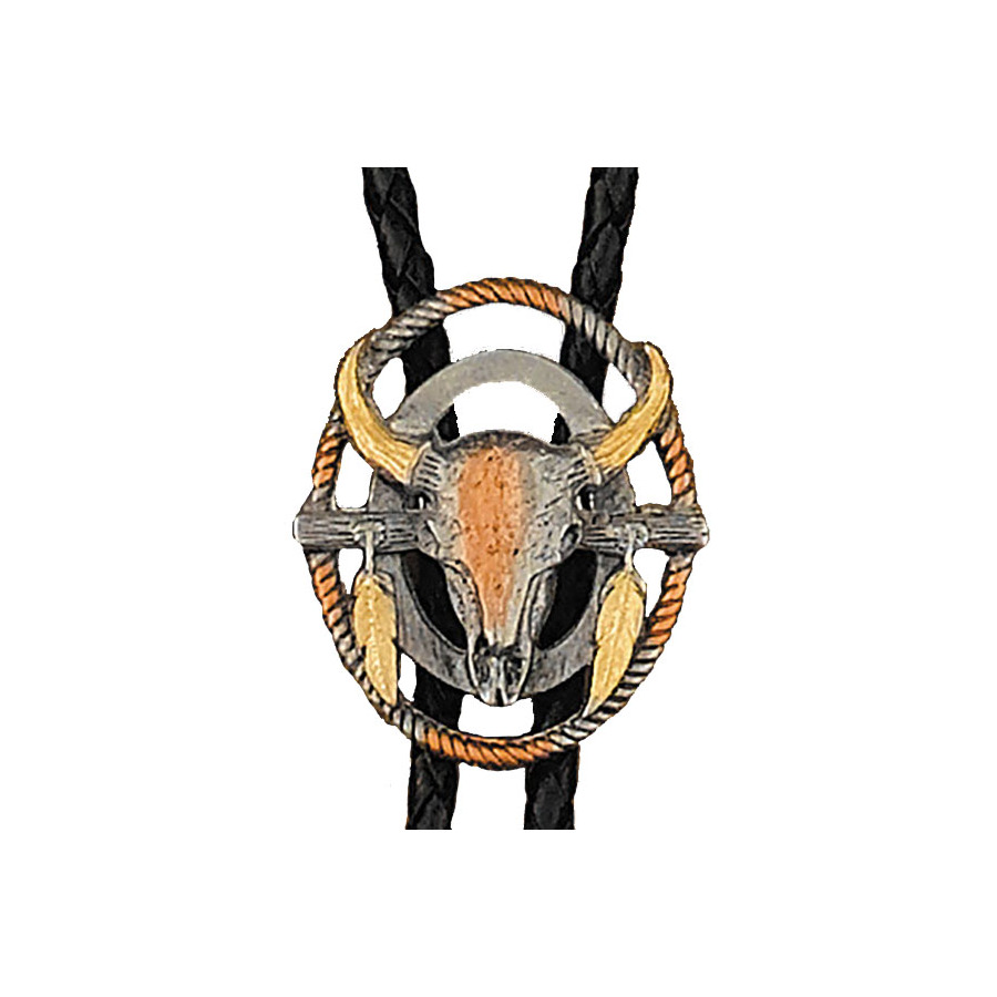 Bolo Tie - Gold & Silver Steer Head with Rope & Feathers - [Bolo-22]