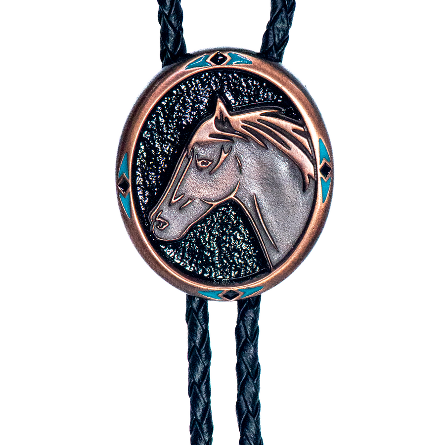 Bolo Tie - Vintage Copper Horsehead on Black Enamel with Turquoise Chip Inlay - [Bolo-38C]