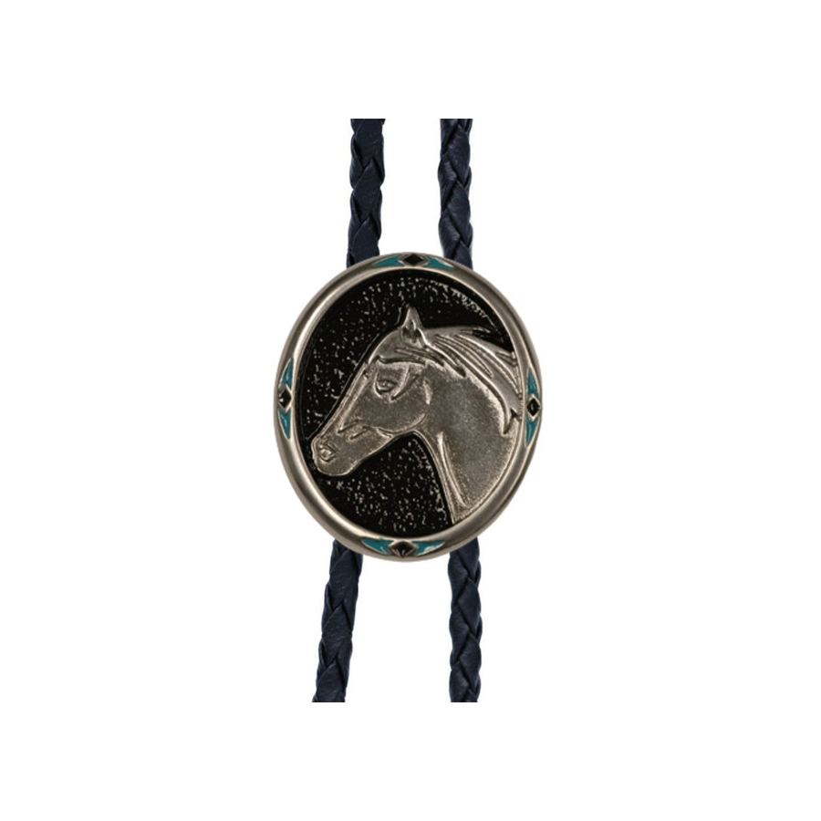 Bolo Tie - Horsehead on Black Enamel with Turquoise Chip Inlay - [Bolo-38S]