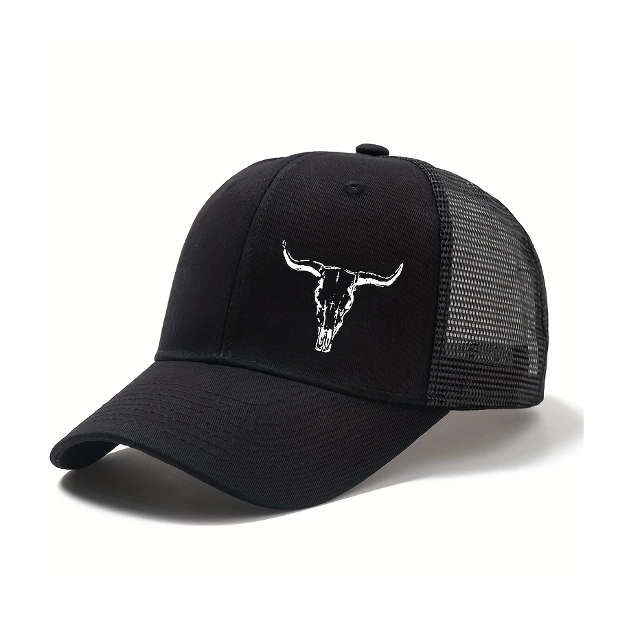Mens BLACK "Trucker Cap" Cap with a Printed Bull Head Design, - [CAP-TW-01]