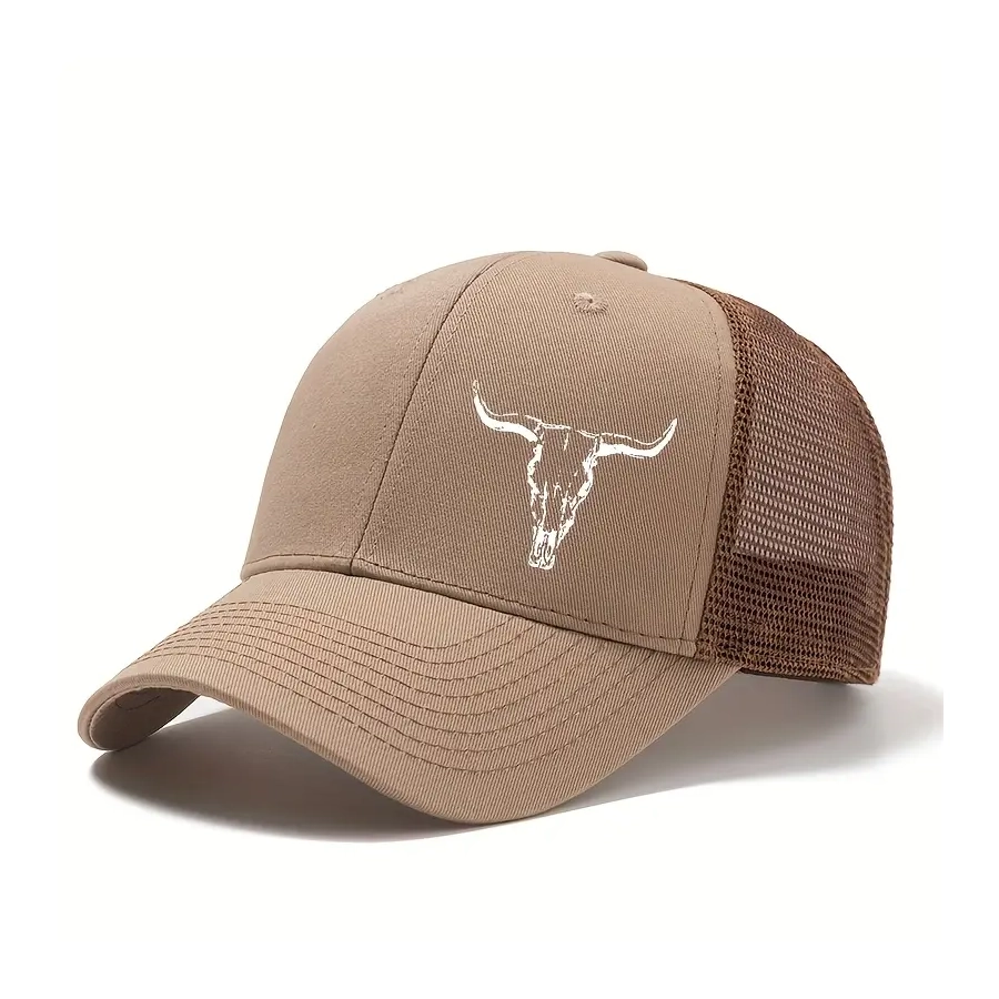 Mens TAN "Trucker Cap" Cap with a Printed Bull Head Design, - [CAP-TW02]
