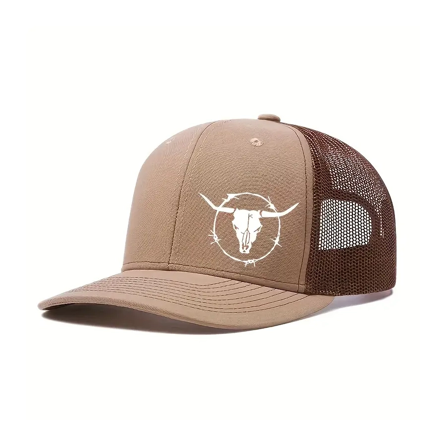 Mens TAN "Trucker Cap" Cap with Bull Head / Barbed Wire Design, - [CAP-TW03]