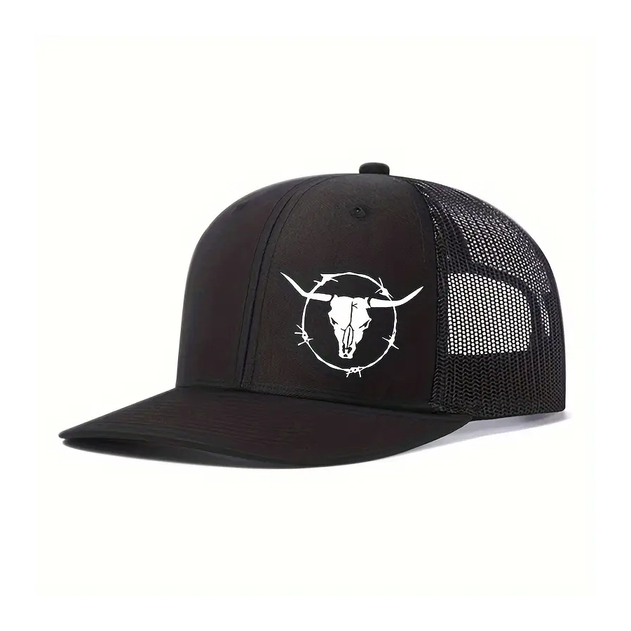 Mens BLACK "Trucker Cap" Cap with Bull Head / Barbed Wire Design, - [CAP-TW04]