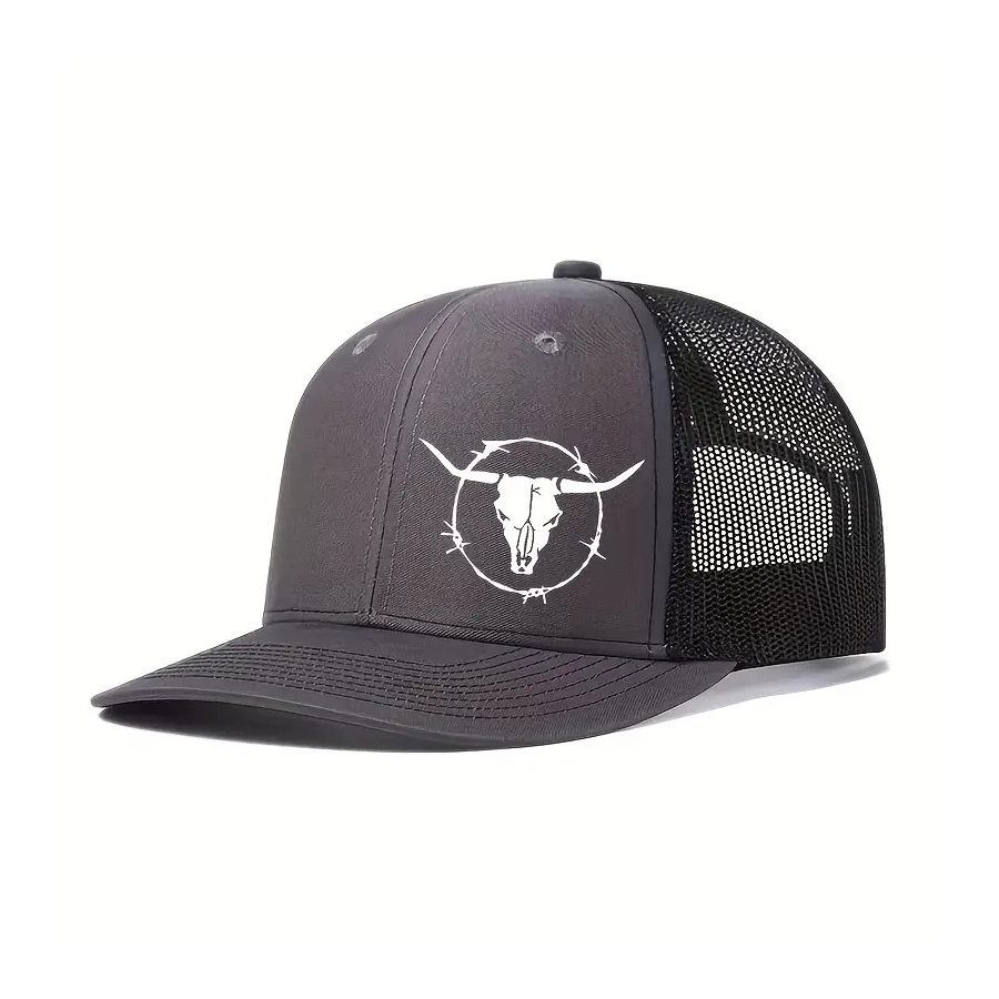 Mens GRAY "Trucker Cap" Cap with Bull Head / Barbed Wire Design, - [CAP-TW05]