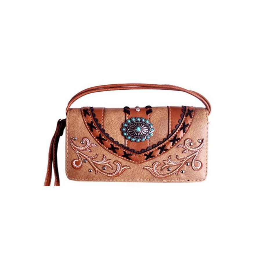 Ladies Purse - Western Themed - Tan with Turquoise Concho- Faux Leather - [MW133TN]