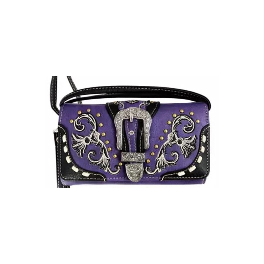 Ladies Purse -  Purple Floral Lace - Black Trims - Faux Leather - [MW188PU]