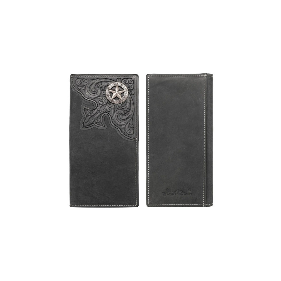 Wallet - Montana West - Leather - Distressed - Black  - Star Concho - Tooled Trim - [MW5106-A]