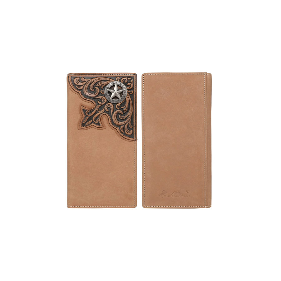 Wallet - Montana West - Leather - Distressed - Tan  - Star Concho - Tooled Trim - [MW5108-A]