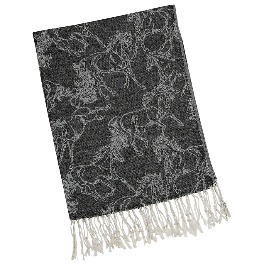 Black Pashmina & Silk Scarf "Lila" Linear Horse Scarf-05BK