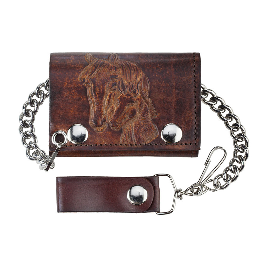  Embossed Horses Antique Leather Tri-Fold with Chain - [WE-304]