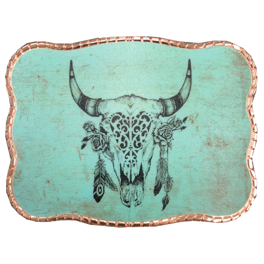 Cow Skull Feathers on Turquoise - 5